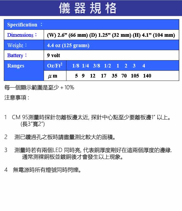 CMI95銅厚量測儀產品規格介紹